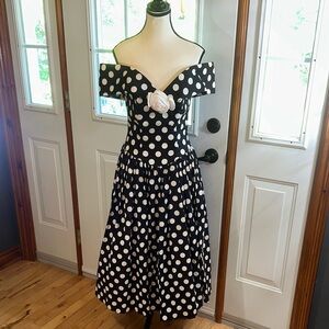 Vintage Black and White Polka Dot Off-Shoulder Dress